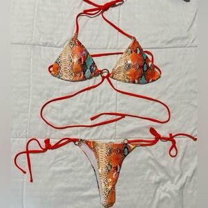 Orange Multi Snake Print String Bikini Set